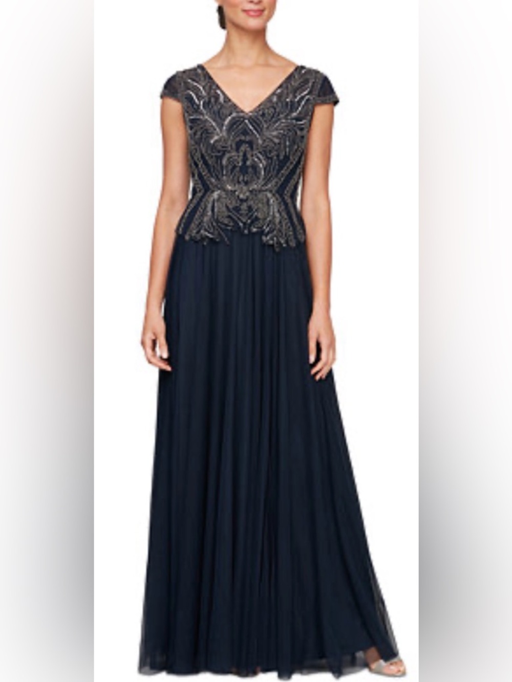 Alex Evenings Elegant Navy Beaded cape sleeve V-Neck Evening Gown Sz 10